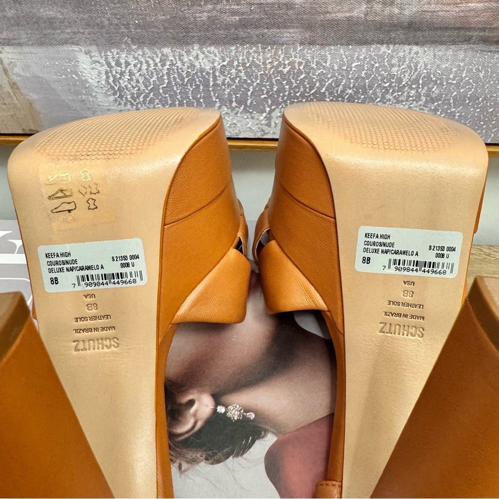 ❤️ NEW Schutz Keefa High Heels Platform Sandals Caramelo Tan Cognac Napa Leather - Picture 9 of 12